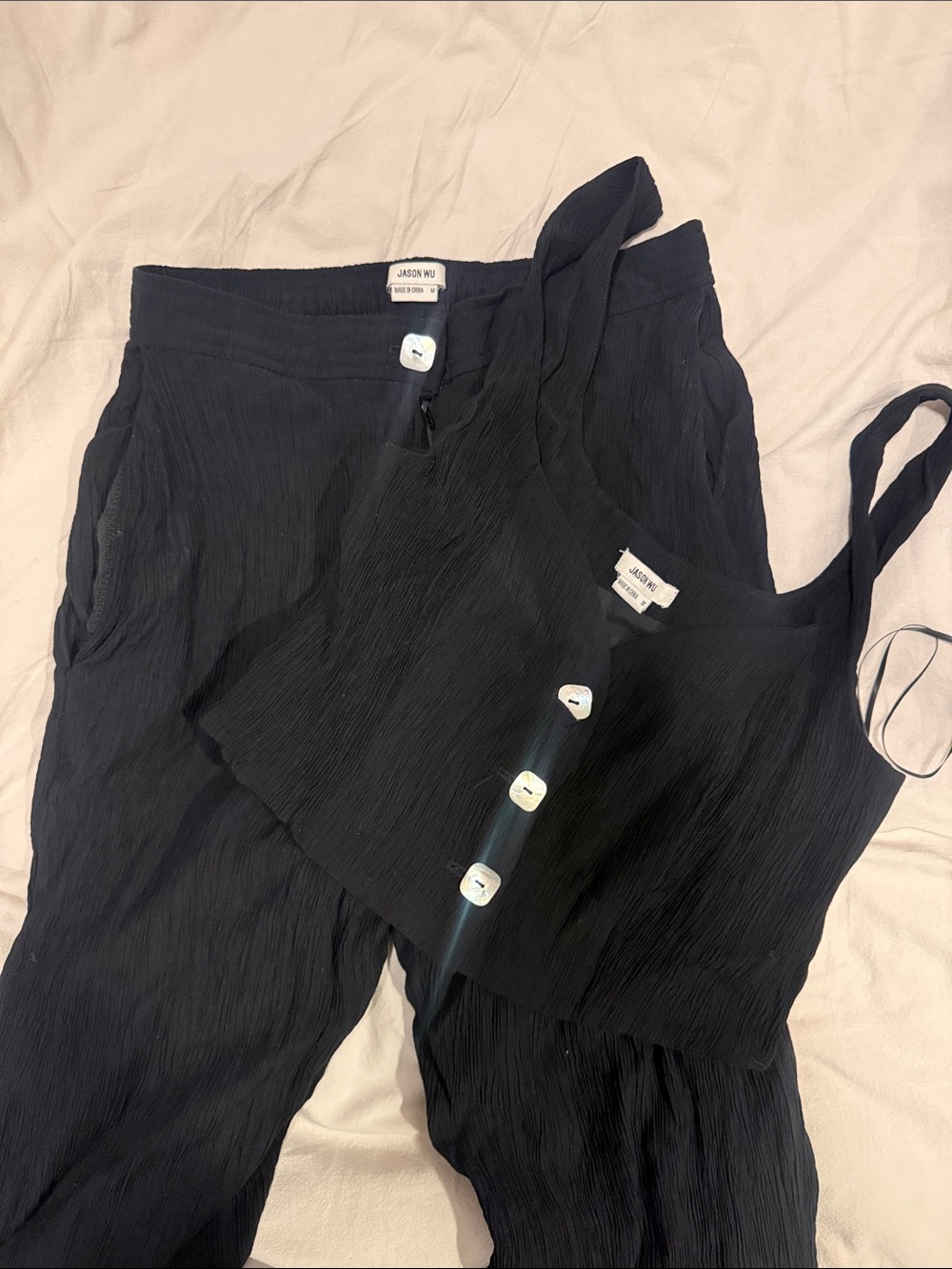 Jason Wu Black Crinkle Wide-Leg Pants with Button-Front Crop Tank